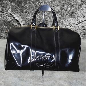 Chanel Timeless Black Patent Boston Travel Duffle Bag Weekender 24kGold Hardware